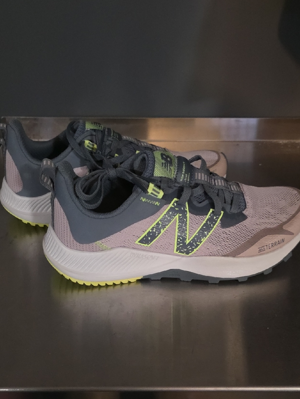 New Balance Women's Trail Sneakers in Light Pink, Charcoal & Neon Yellow